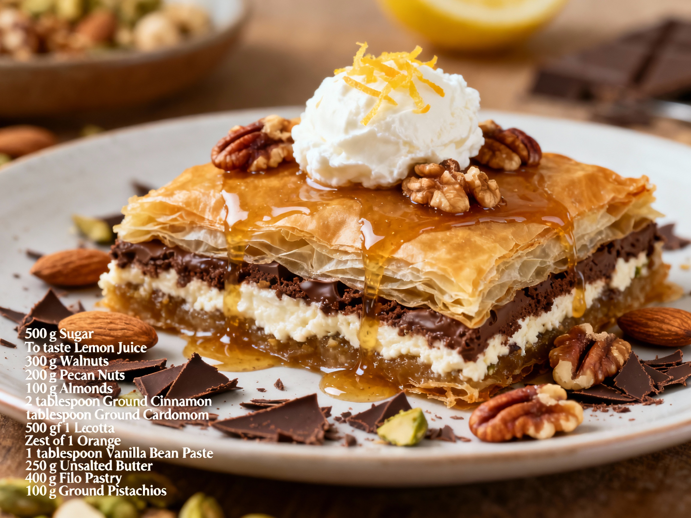 Baklava with spiced nuts, ricotta & chocolate