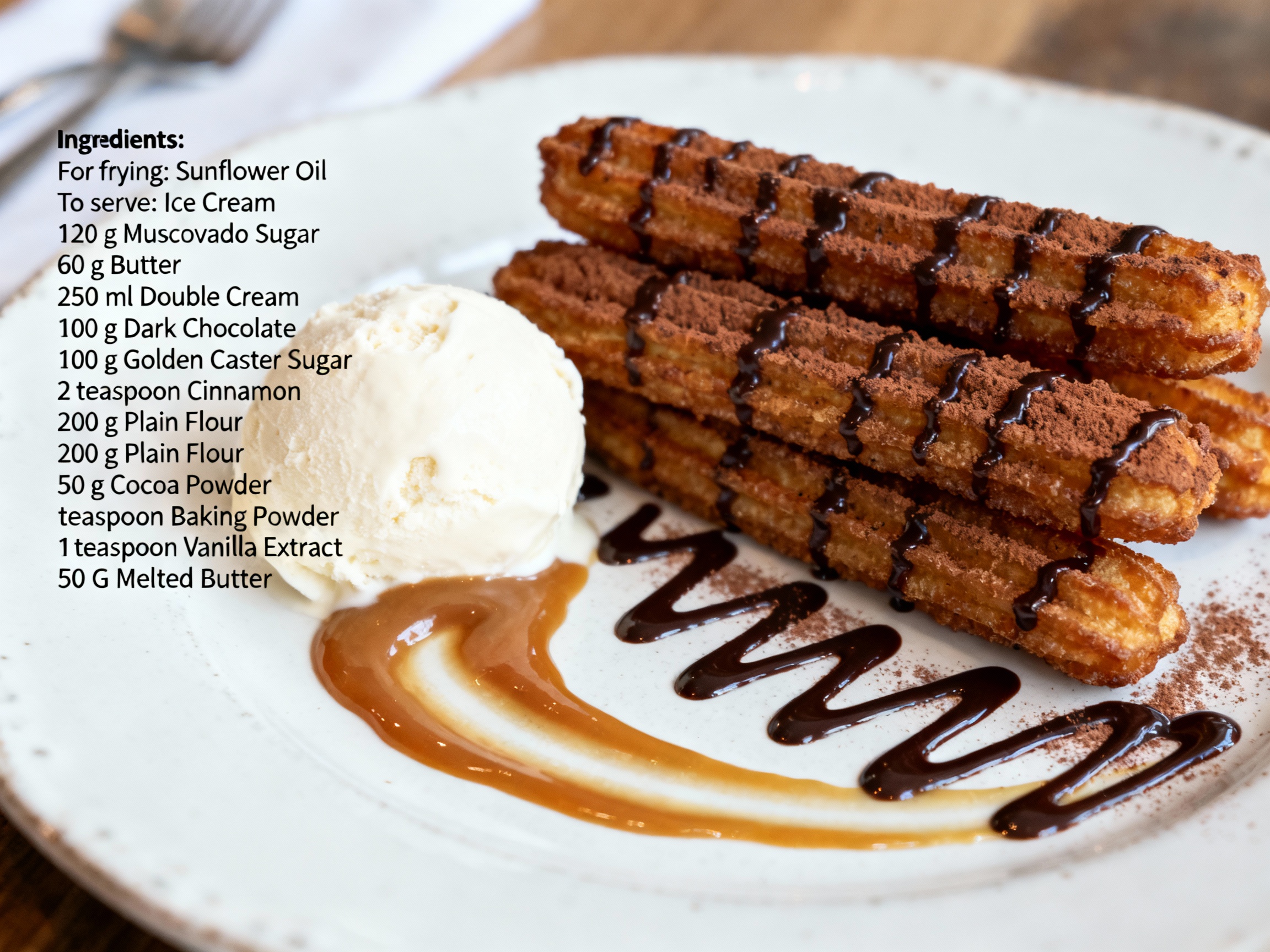 Chocolate churros with chocolate & salted caramel sauce