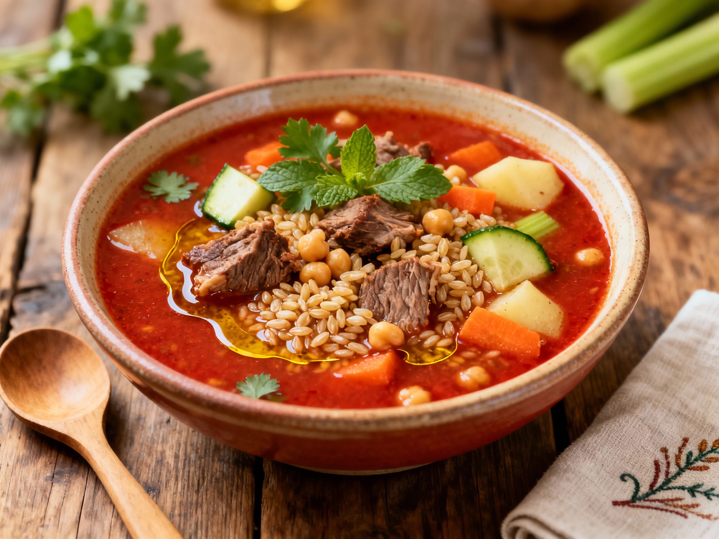 Chorba Hamra bel Frik (Algerian Lamb, Tomato, and Freekeh Soup)
