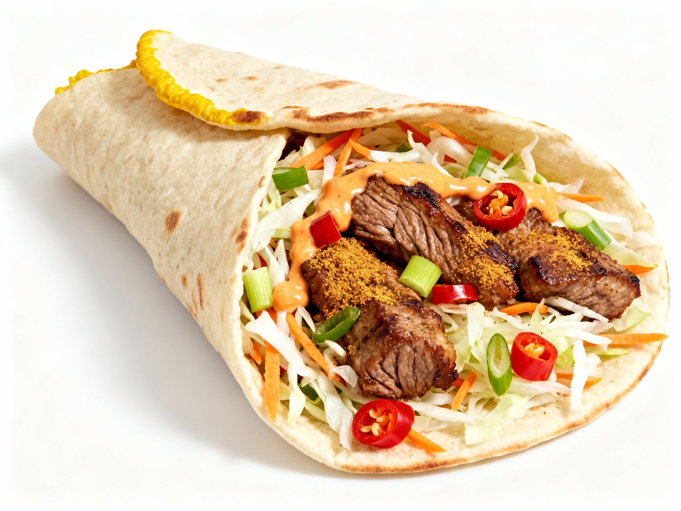 Hot cumin lamb wrap with crunchy slaw & spicy mayo