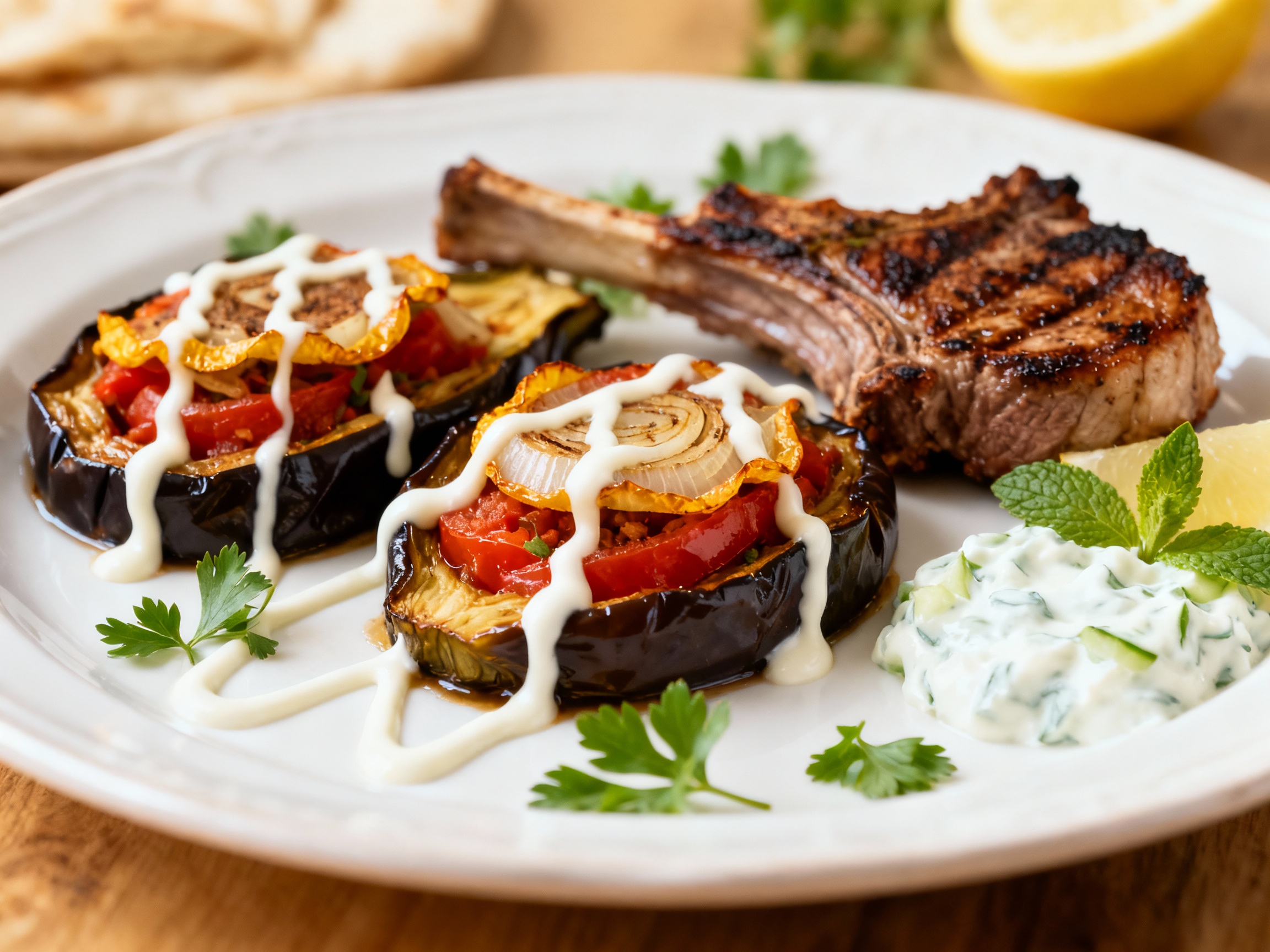 Imam bayildi with BBQ lamb & tzatziki