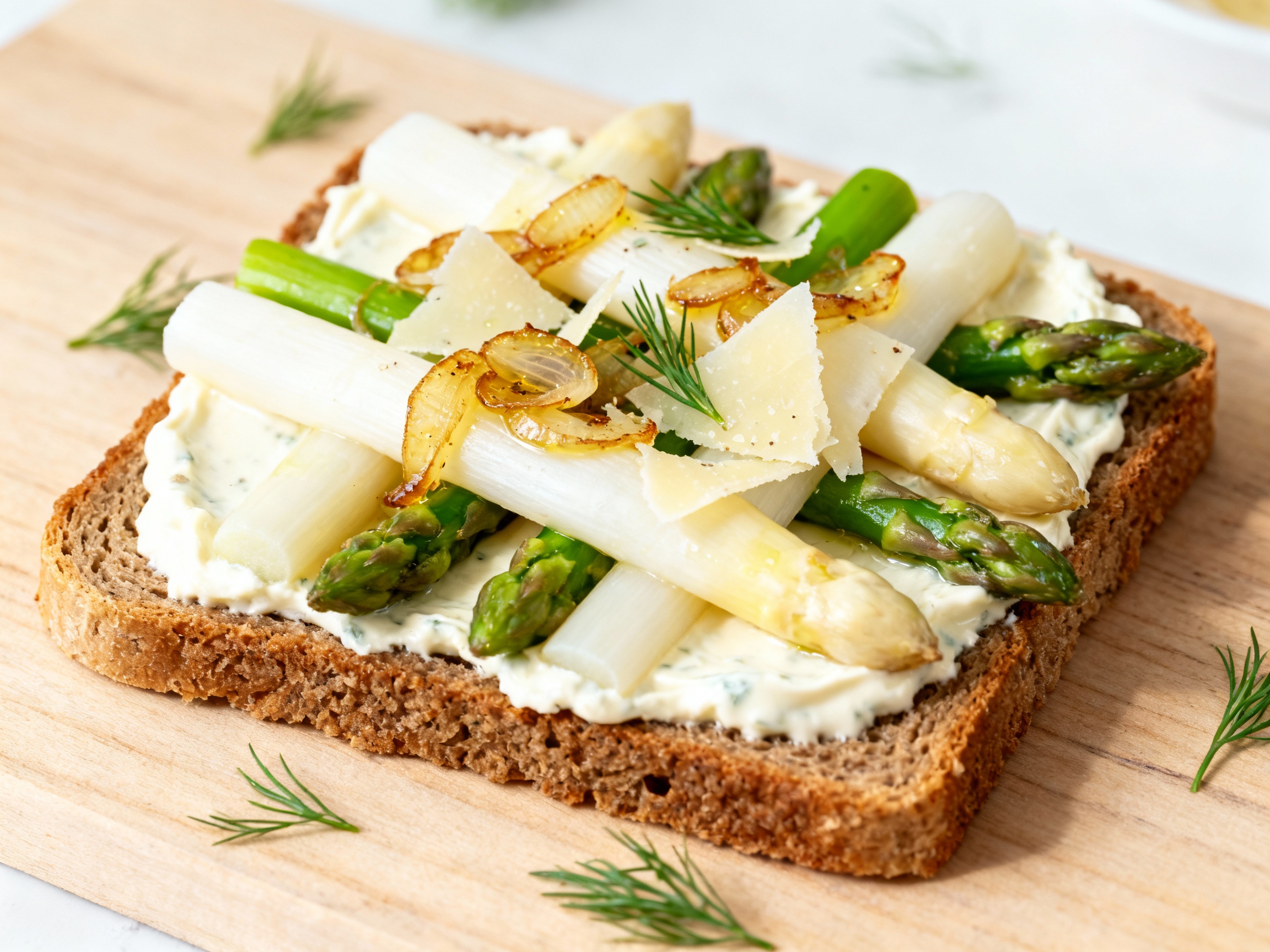 Nordic smørrebrød with asparagus and horseradish cream