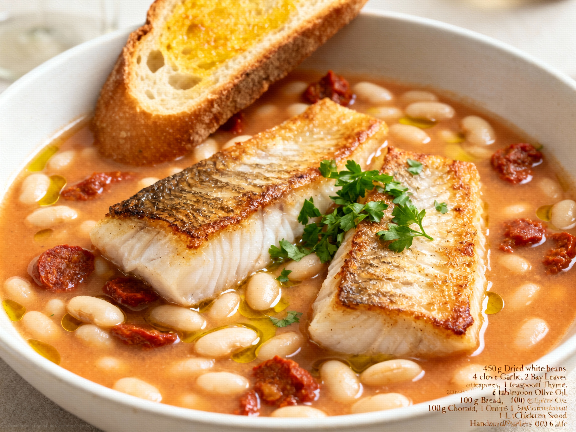 Pan-fried hake, white bean & chorizo broth