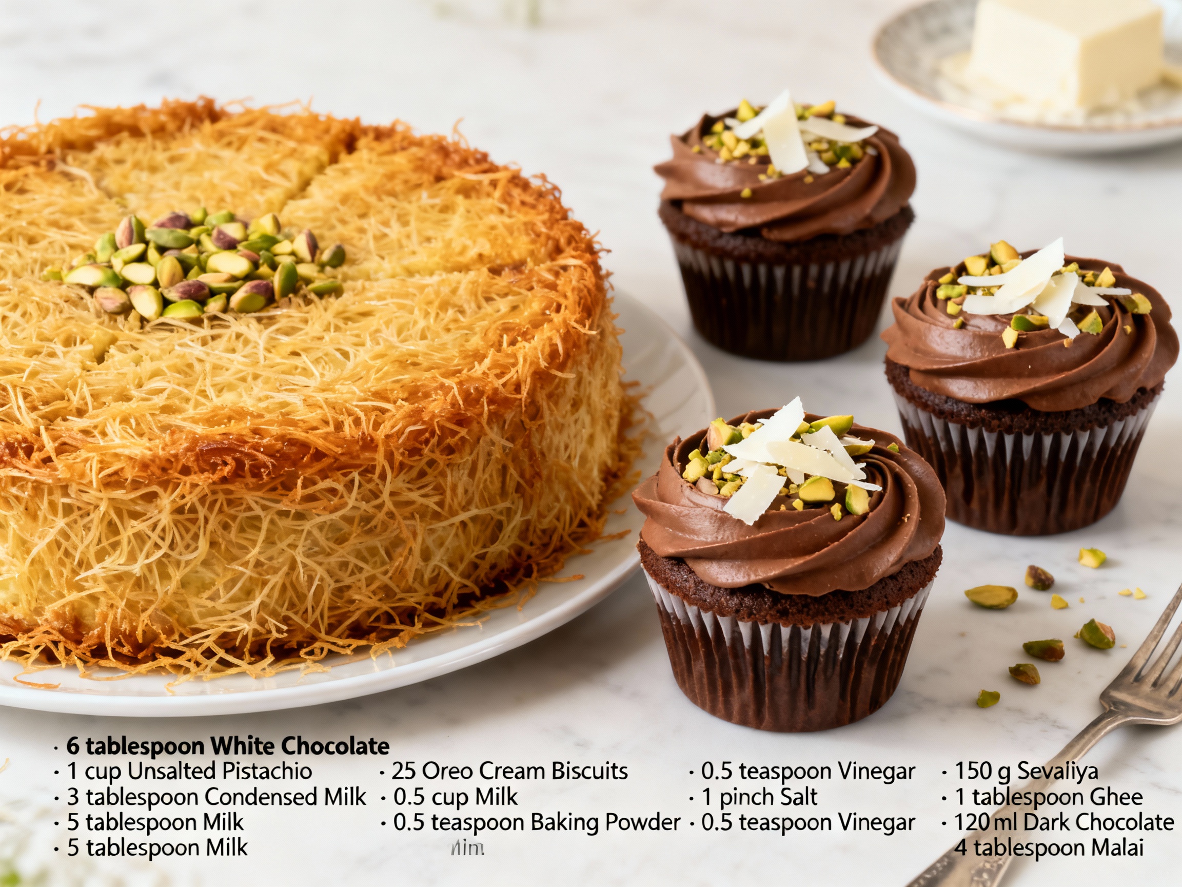 Pistachio Kunafa Chocolate Cake and Cupcakes