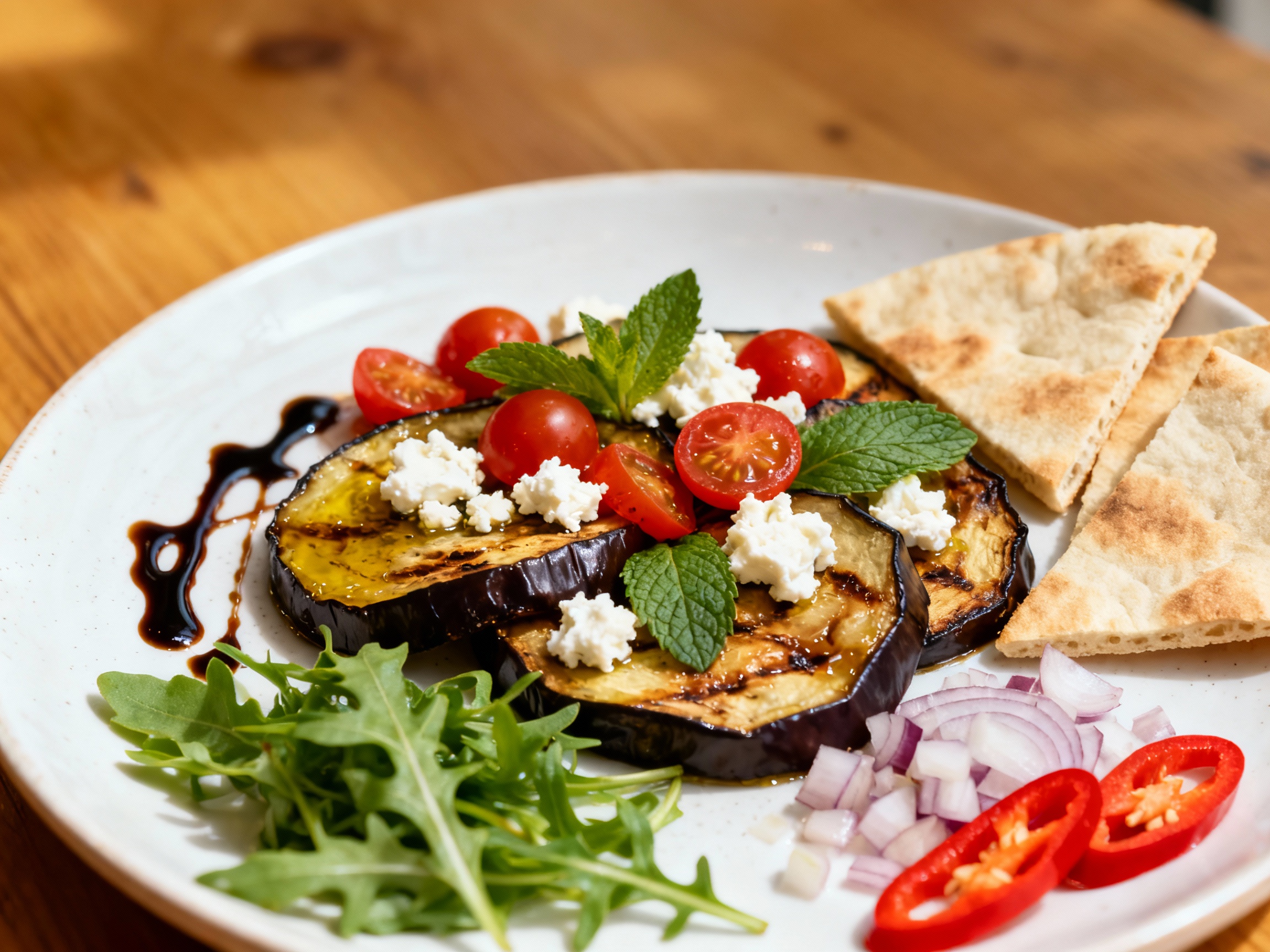 Roast aubergine with goat's cheese & toasted flatbread
