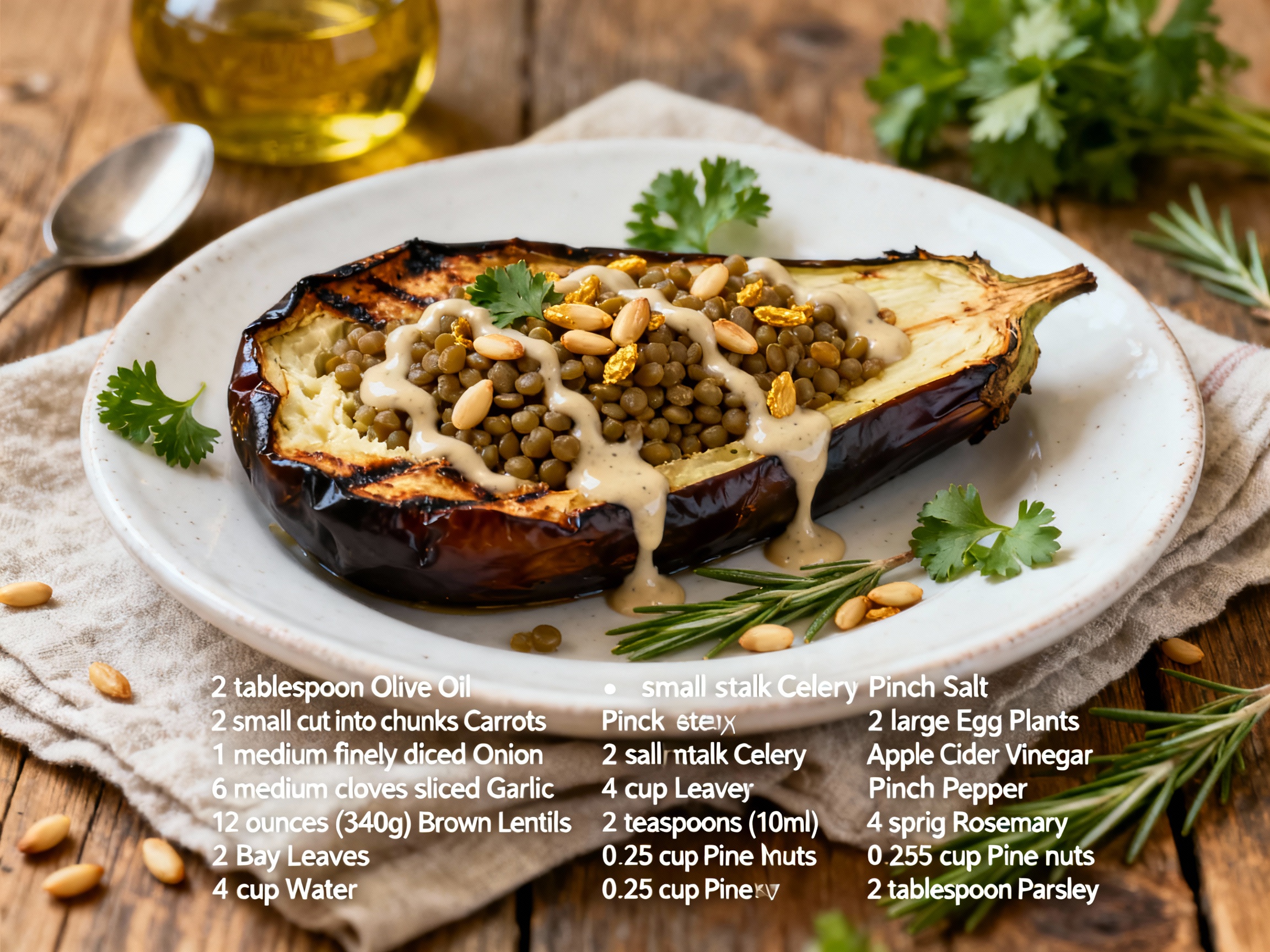 Roasted Eggplant With Tahini, Pine Nuts, and Lentils