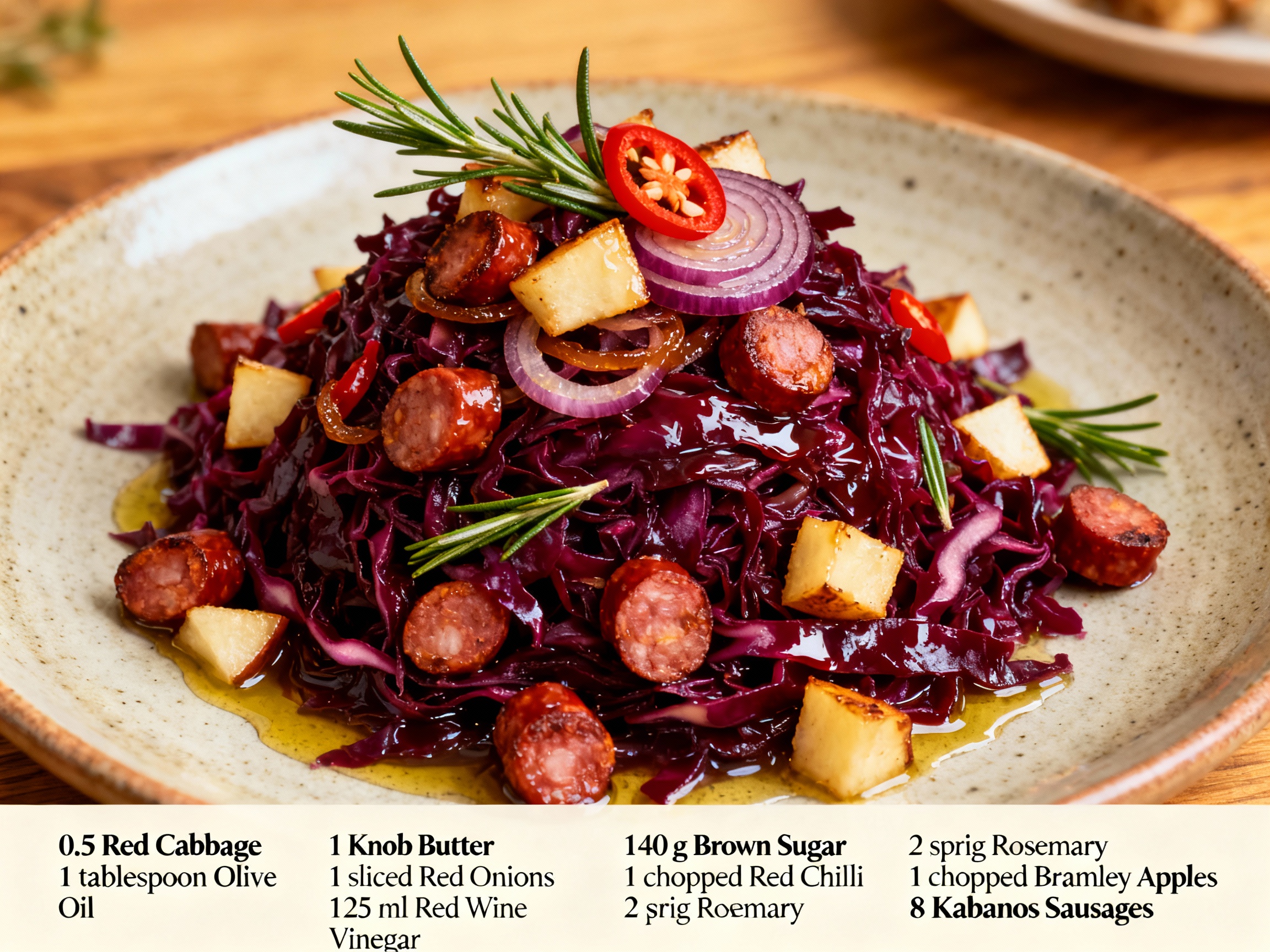 Rosemary braised red cabbage with kabanos