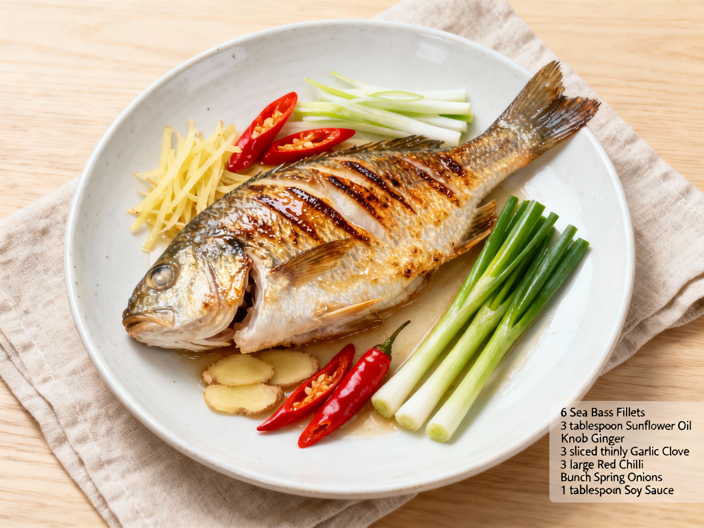Sea bass with sizzled ginger, chilli & spring onions