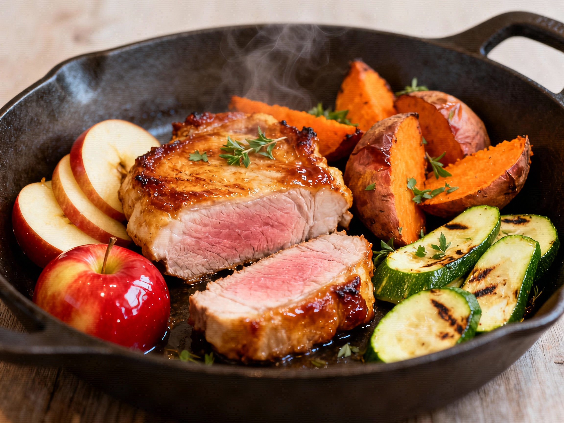 Skillet Apple Pork Chops with Roasted Sweet Potatoes & Zucchini