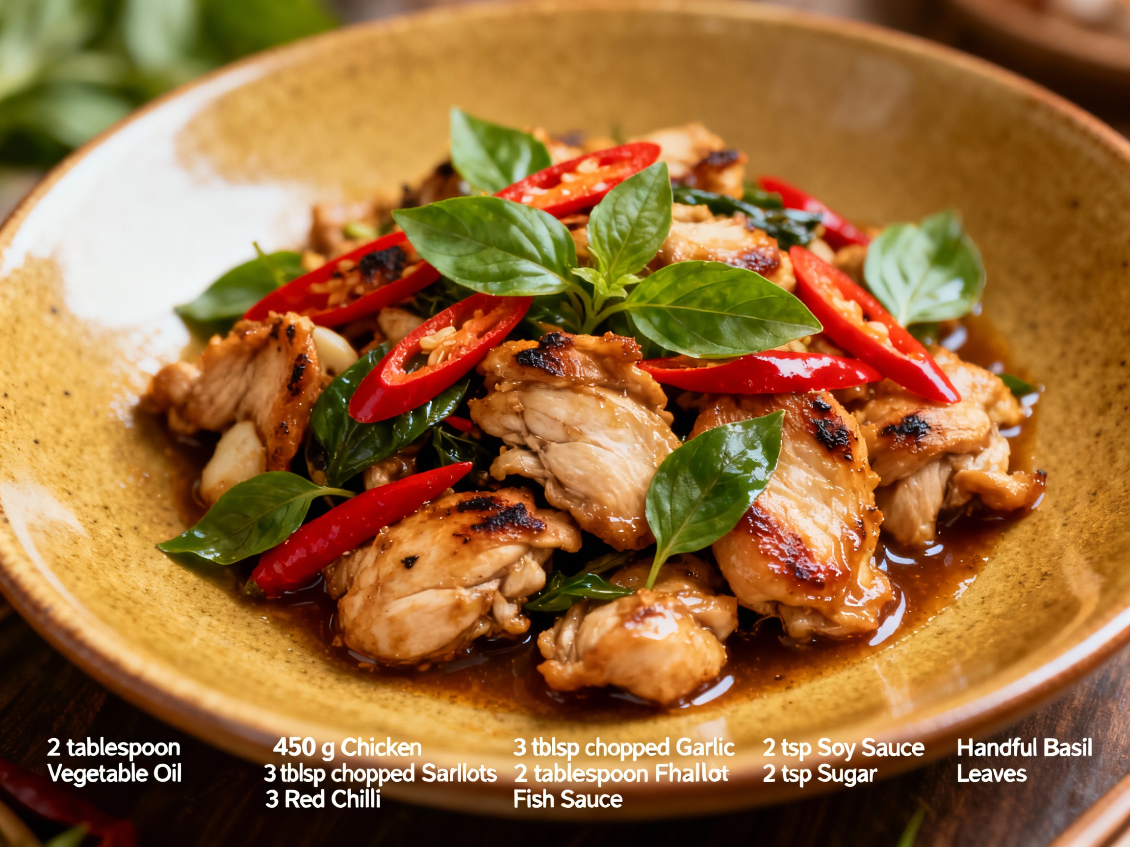 Stir-fried chicken with chillies & basil