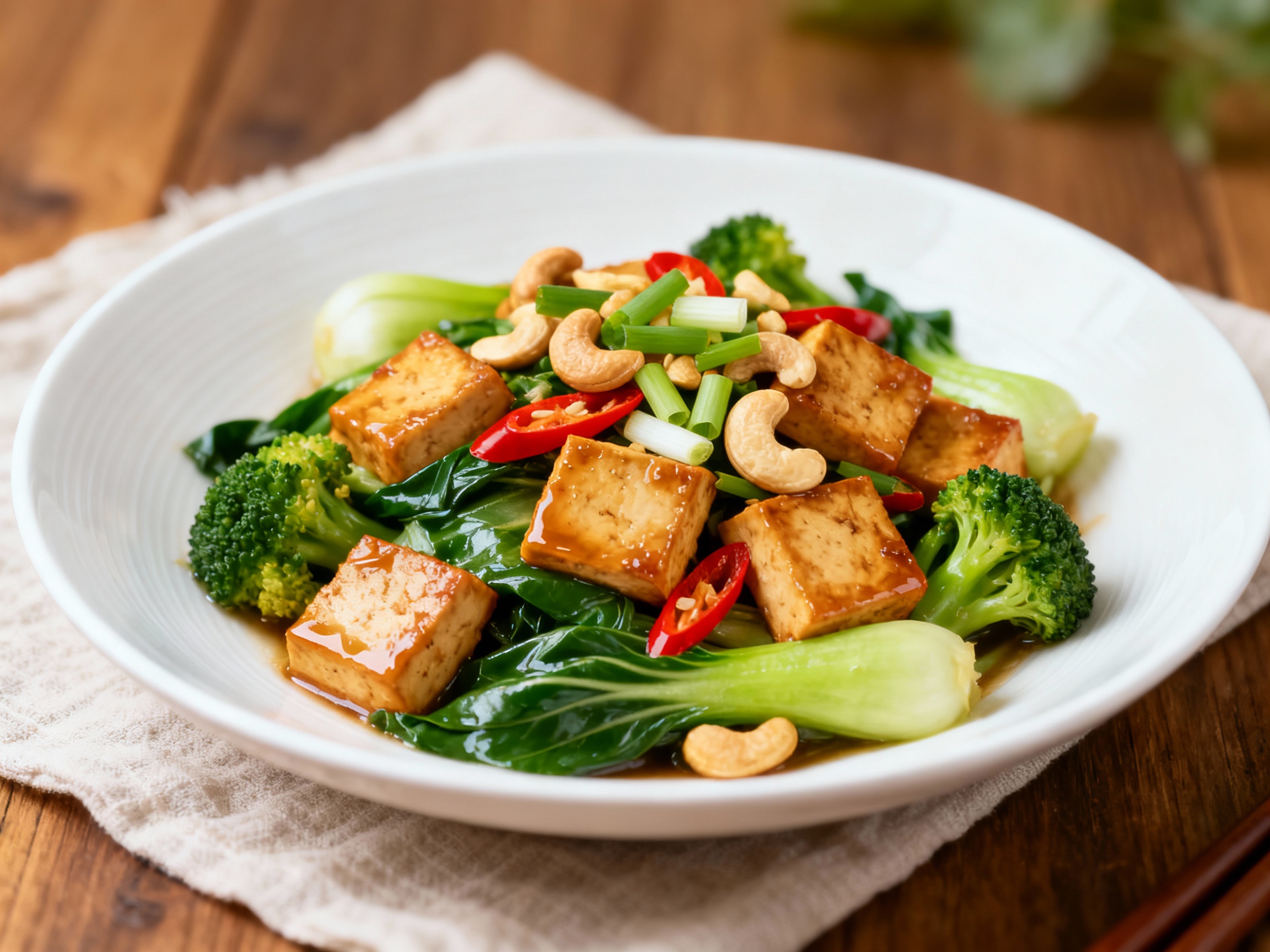 Tofu, greens & cashew stir-fry